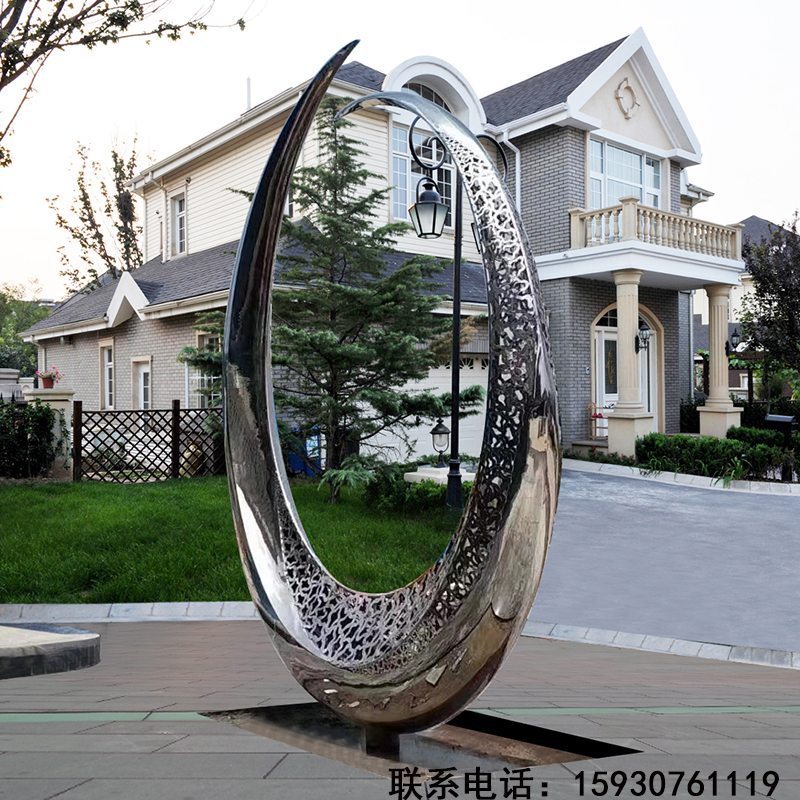 不锈钢镜面雕塑不锈钢月亮雕塑镂空发光圆形圆环金属设计定制摆件